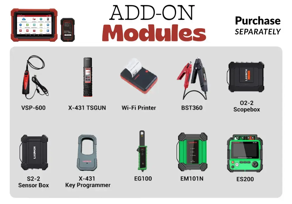 Infographic of 10 optional add-on modules for the Launch X431 Pro SE diagnostic tool, including VSP-600 videoscope, X-431 TSGUN, BST360 battery tester, and specialized EV diagnostic tools like the ES200 and EG100.