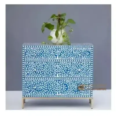 blue bias cut dress Blue Bone Inlay 3-Drawer Dresser with White Floral Accents | Luxury Handmade Dresser main image 0