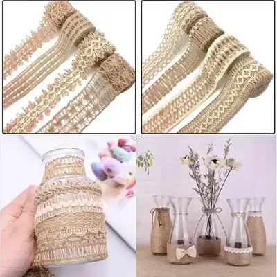 AK TRADING CO. 2.5\" Wide X 10 Yards Long Natural Burlap Craft Ribbon With Lace (Jute Ribbon, Burlap Tape, Rustic Decor) With Pink Lace