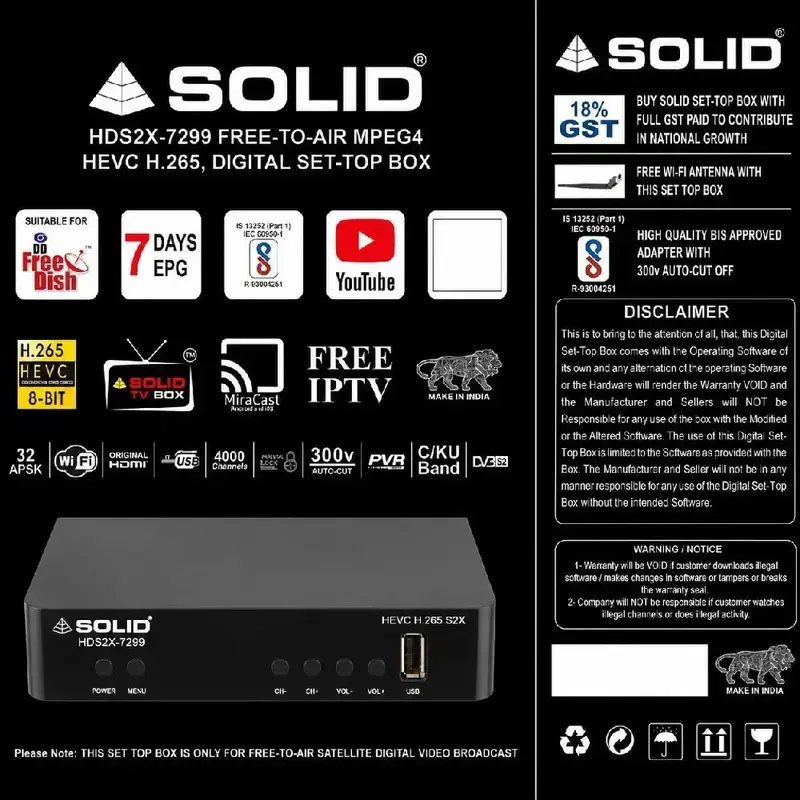 SOLID HDS2X-7299 FTA Set Top Box | 150+ tv Channels