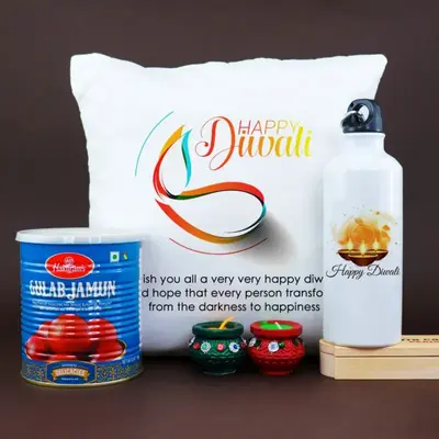 Diwali Cushion N Bottle with Sweets Gift Hamper