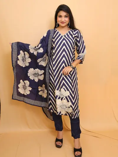 Buy Elegant Navy Blue Chevron Floral Print Cotton Salwar Suit with ...