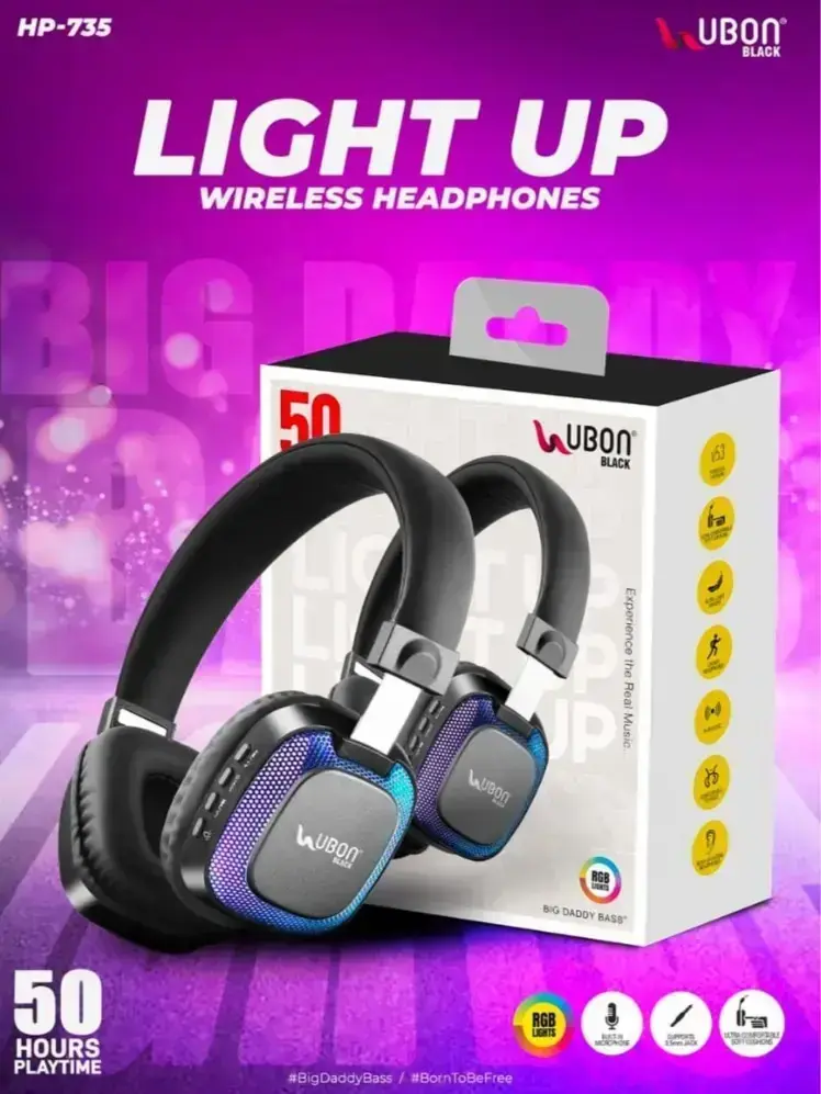 UBON HP-735 Light Up Wireless Headphones with RGB Lights 50 Hours Playtime