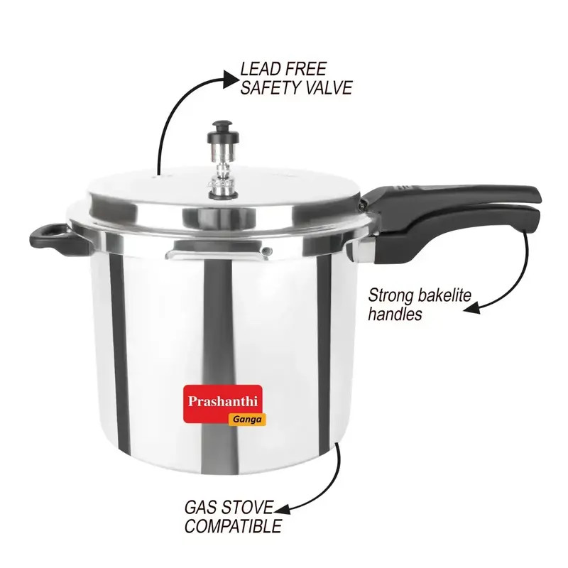 Prashanthi Ganga Litres Long Body Aluminium Pressure Cooker Outer Lid I  S I Certified Years Warranty