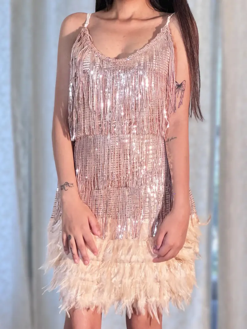 rose gold feather dress Juliet JT286 Glitter Long Mermaid Formal Feather Prom Dress