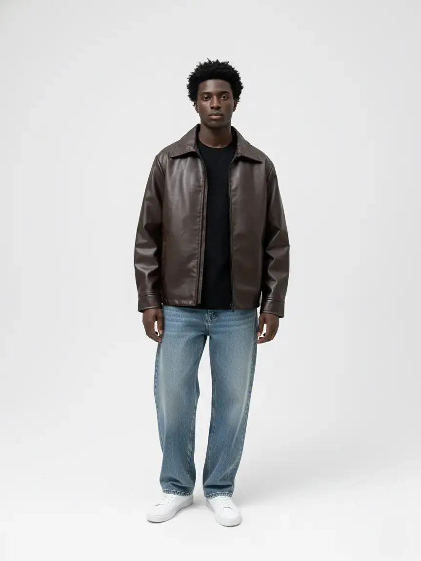 Leather Zipper Jacket Brown for Men