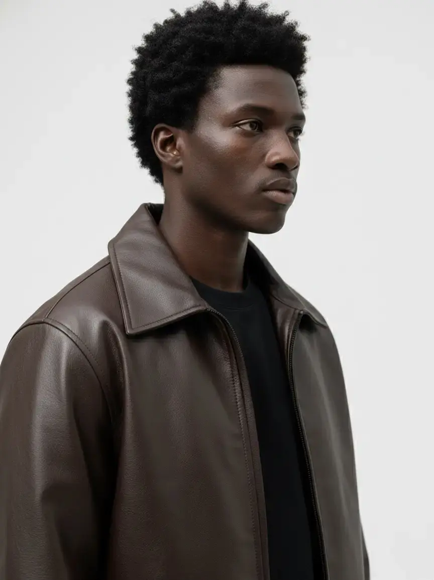 Leather Zipper Jacket Brown for Men