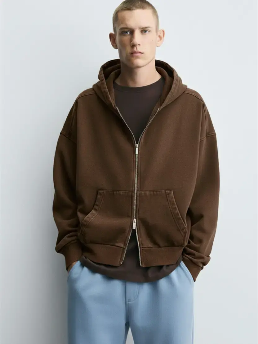 Zara Double Zipper Hoodie Brown Washed | Men