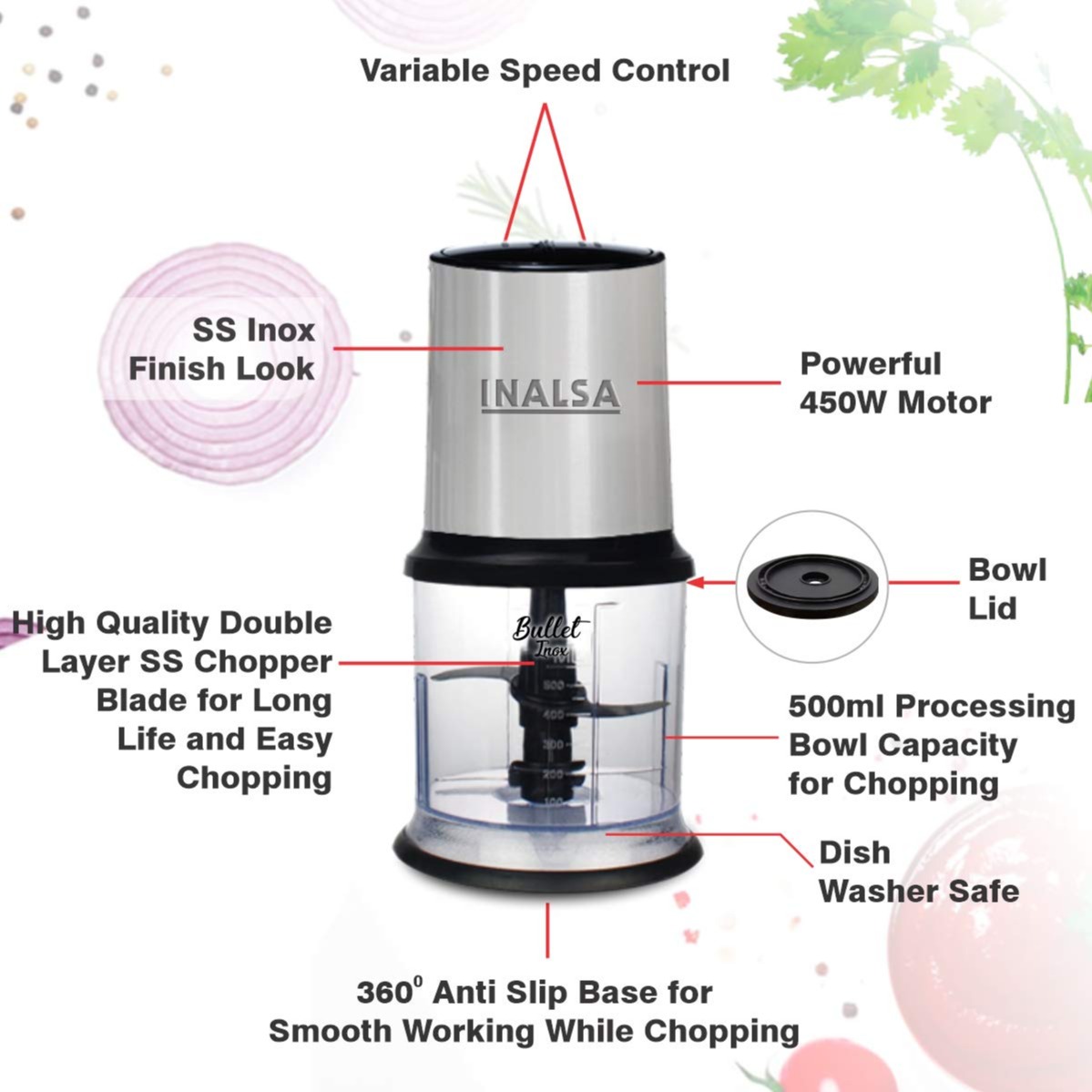 Buy Inalsa Chopper Bullet Inox 450 Watts with Variable Speed and