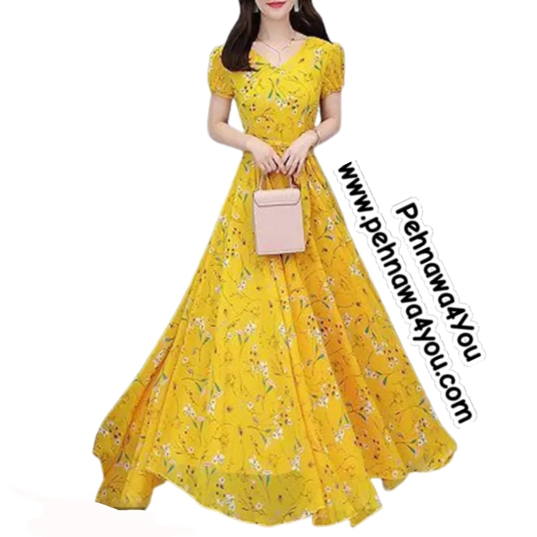 Yellowish Stylish Printed Long Maxi Dress - 1