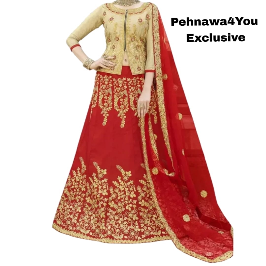 Red Silk Embroidered Lehenga - 1
