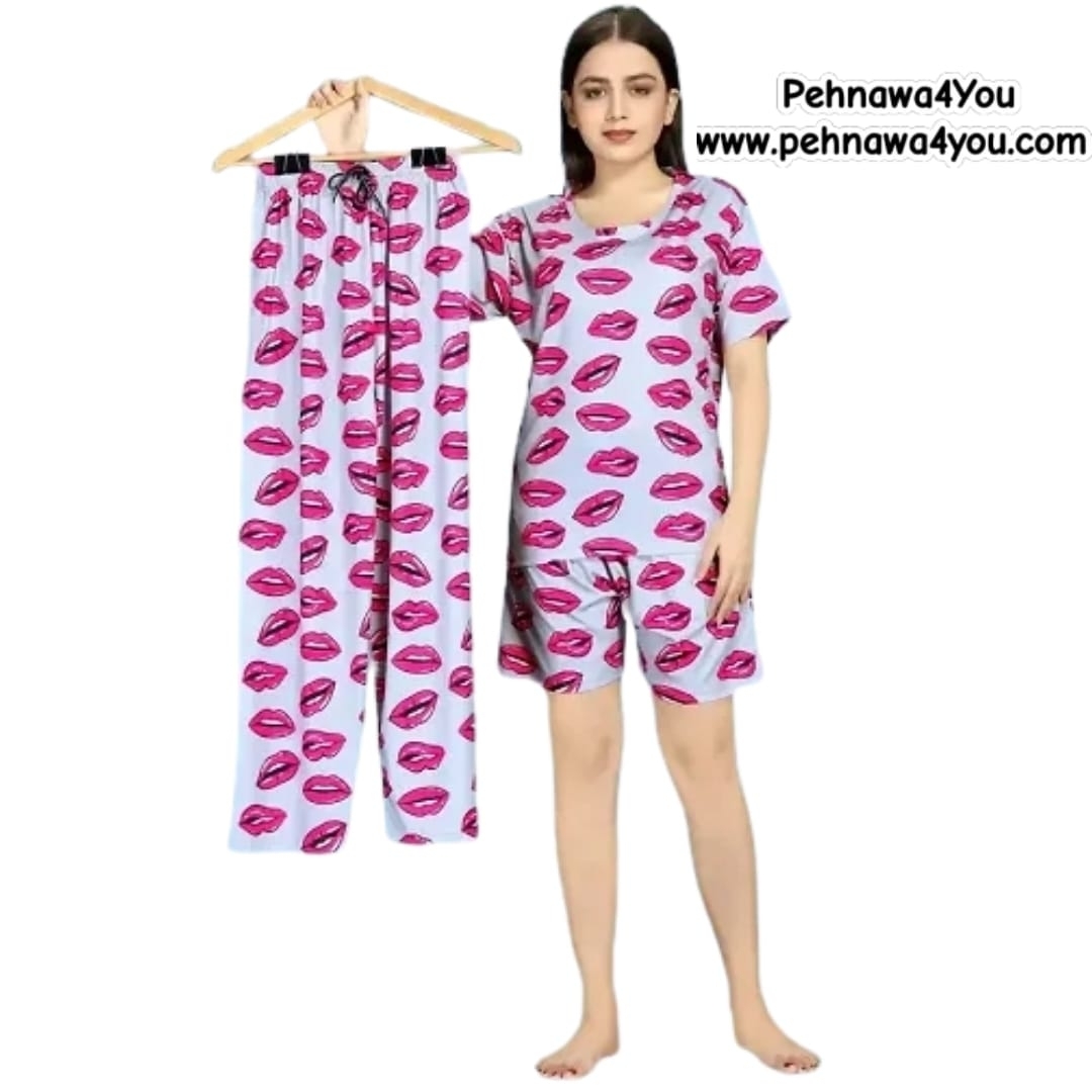Beautiful Nightsuits Stylish Printed Lounge Top Shorts Bottom Set F - 1