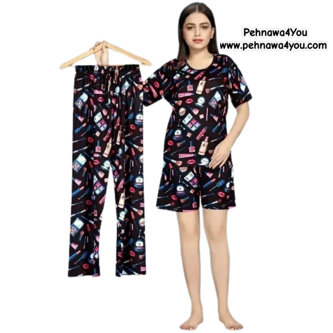 Beautiful Nightsuits Stylish Printed Lounge Top Shorts Bottom Set G - 1