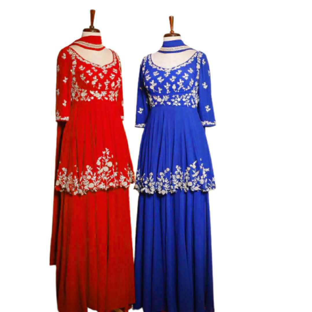 Red Blue Kurti Plazzo Set - 1