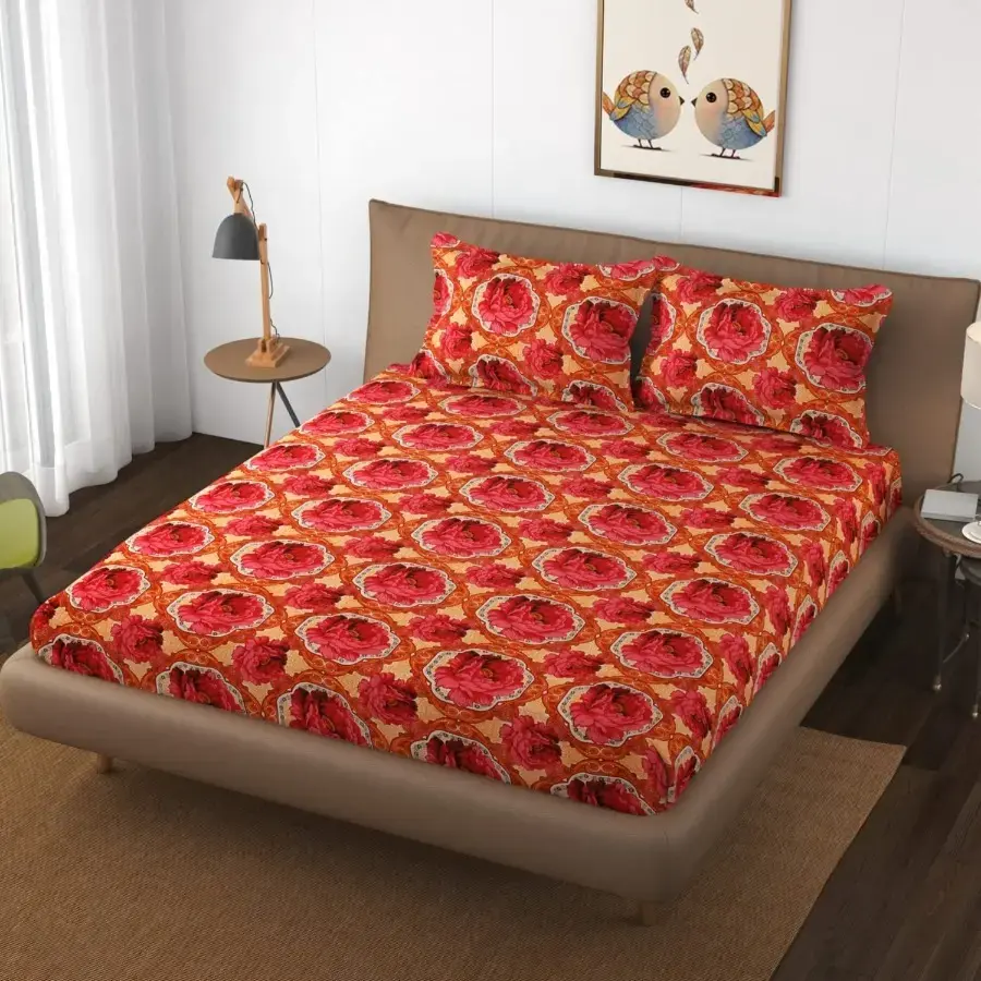 GoHome 144 TC Microfibre Double Red Rose Double Bedsheet with 2 Pillow Covers - 1