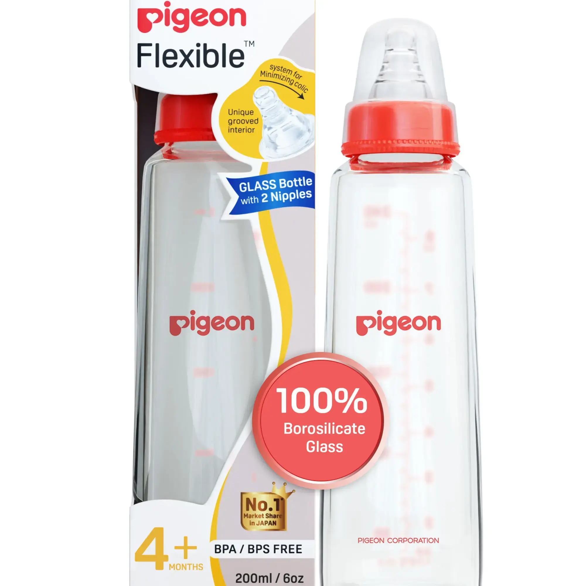 Pigeon Flexible glass Bottle Nursing/Feeding Bottle With Added Nipple M, For 4+ Month Babies (200ml/6oz) Red - 1