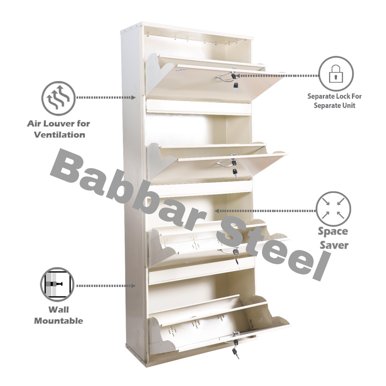 26 Inches Wide Door Double Decker Powder Coated Wall Mounted Metallic  Ivory Metal Shoe Rack (White, Shelves)