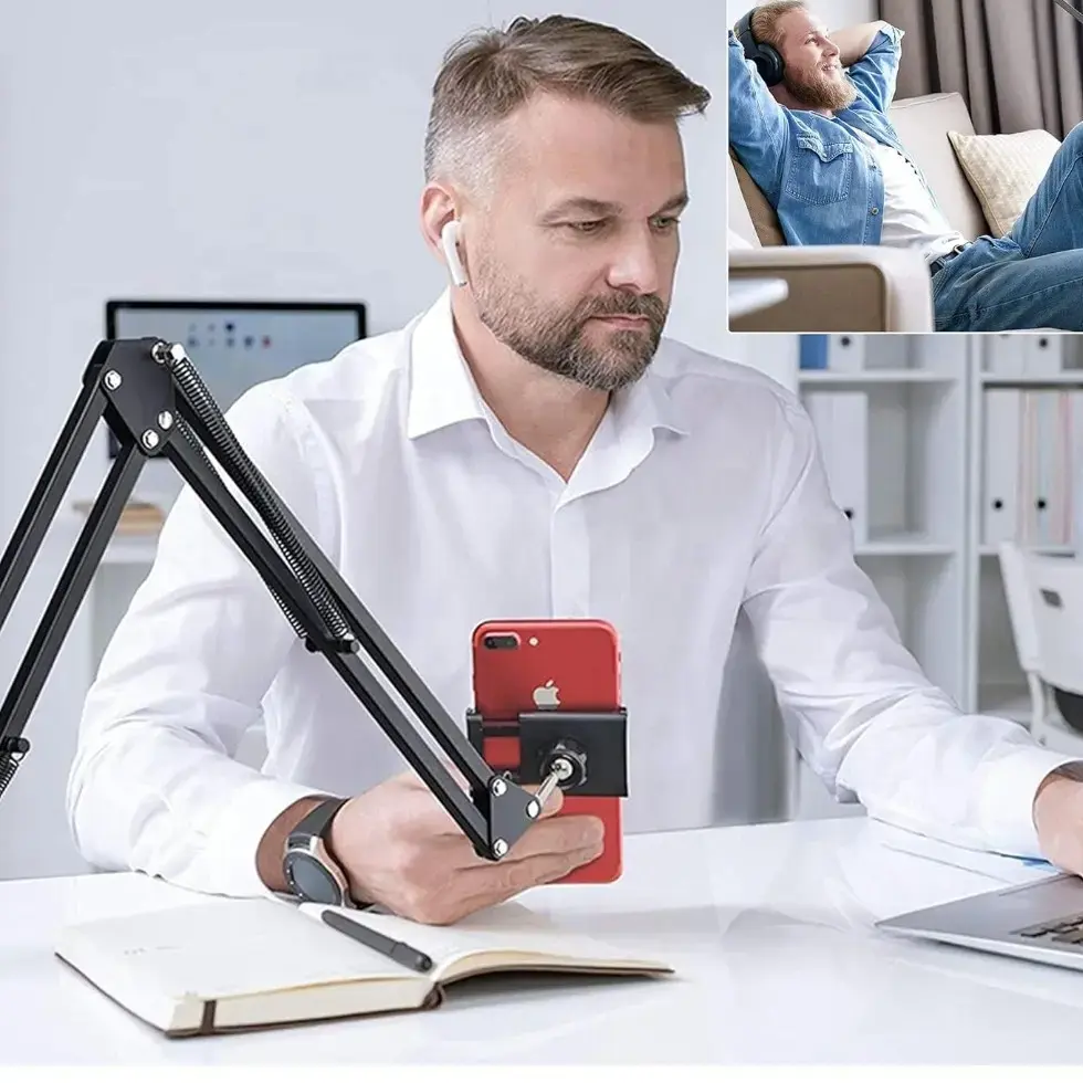 Video Tabletop Stand Phone Holder, Metal Long Lazy Arm and Bracket for All  Mobil