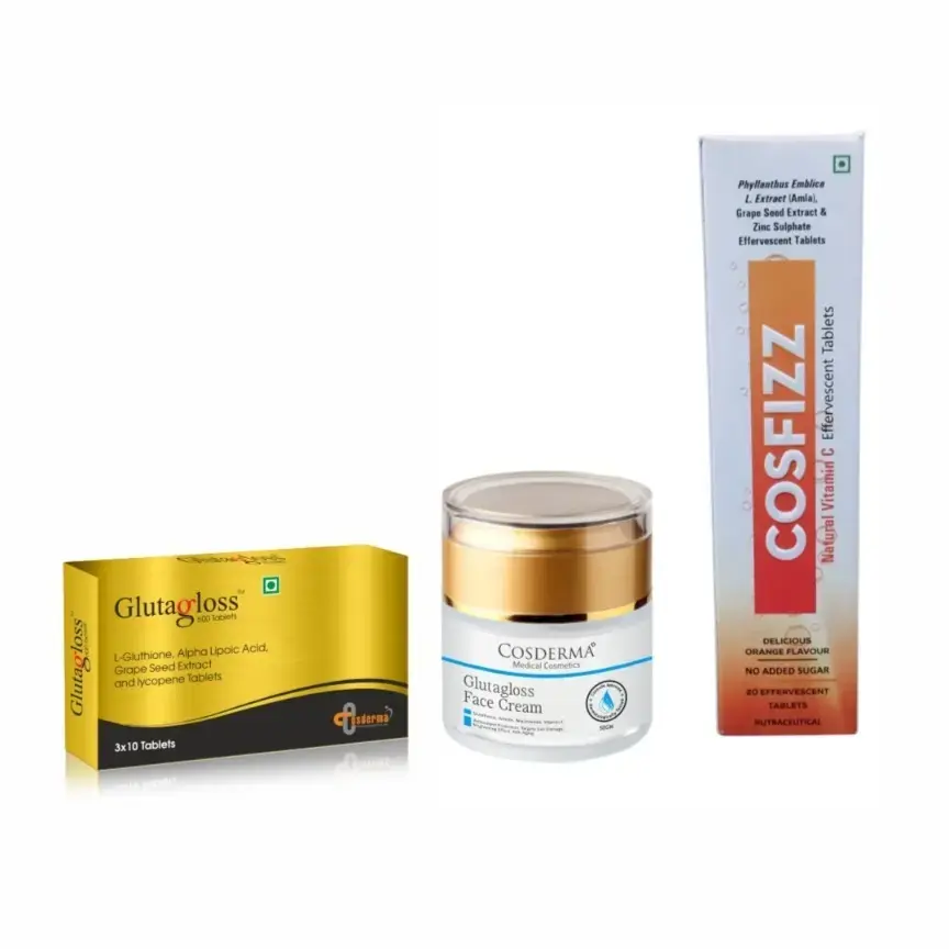 Buy Cosderma Glutagloss Skin Brightening Combo – Face Cream, Glutagloss Tablets & Cosfizz Vitamin C Tablets online at