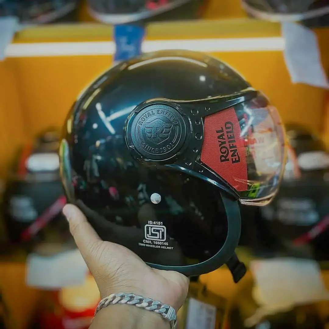 Royal Enfield helmet open half face small visor Glossy black helmet - 1