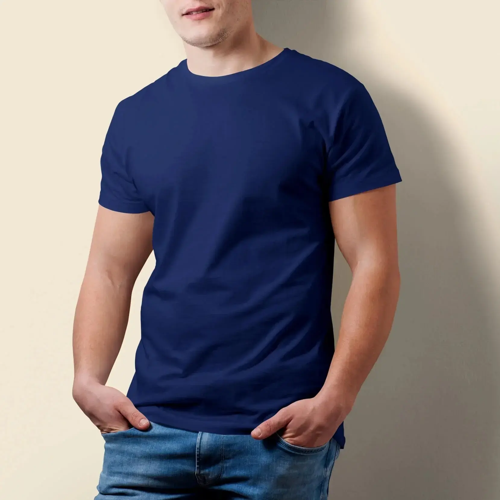 Buy Men's Premium quality Navy Blue Plain Cotton Round neck T