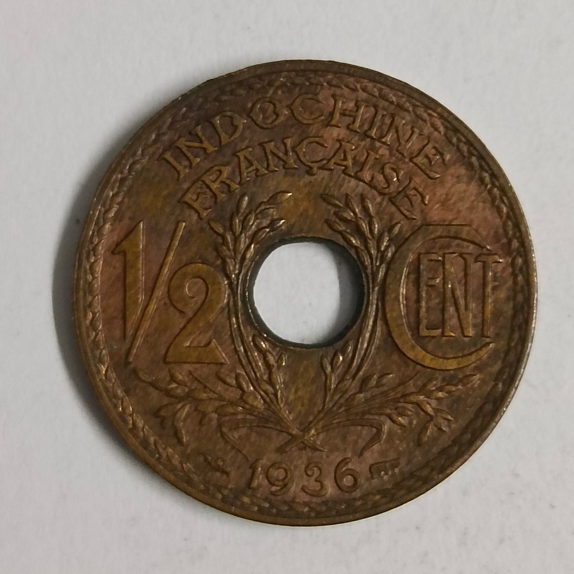 Buy French Indo China 1/2 Half Cent 1936 hole world coin rare
