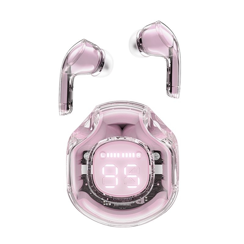 T8 TWS Earbud, Bluetooth Earbuds With Display, Transparent Design Pink - 1