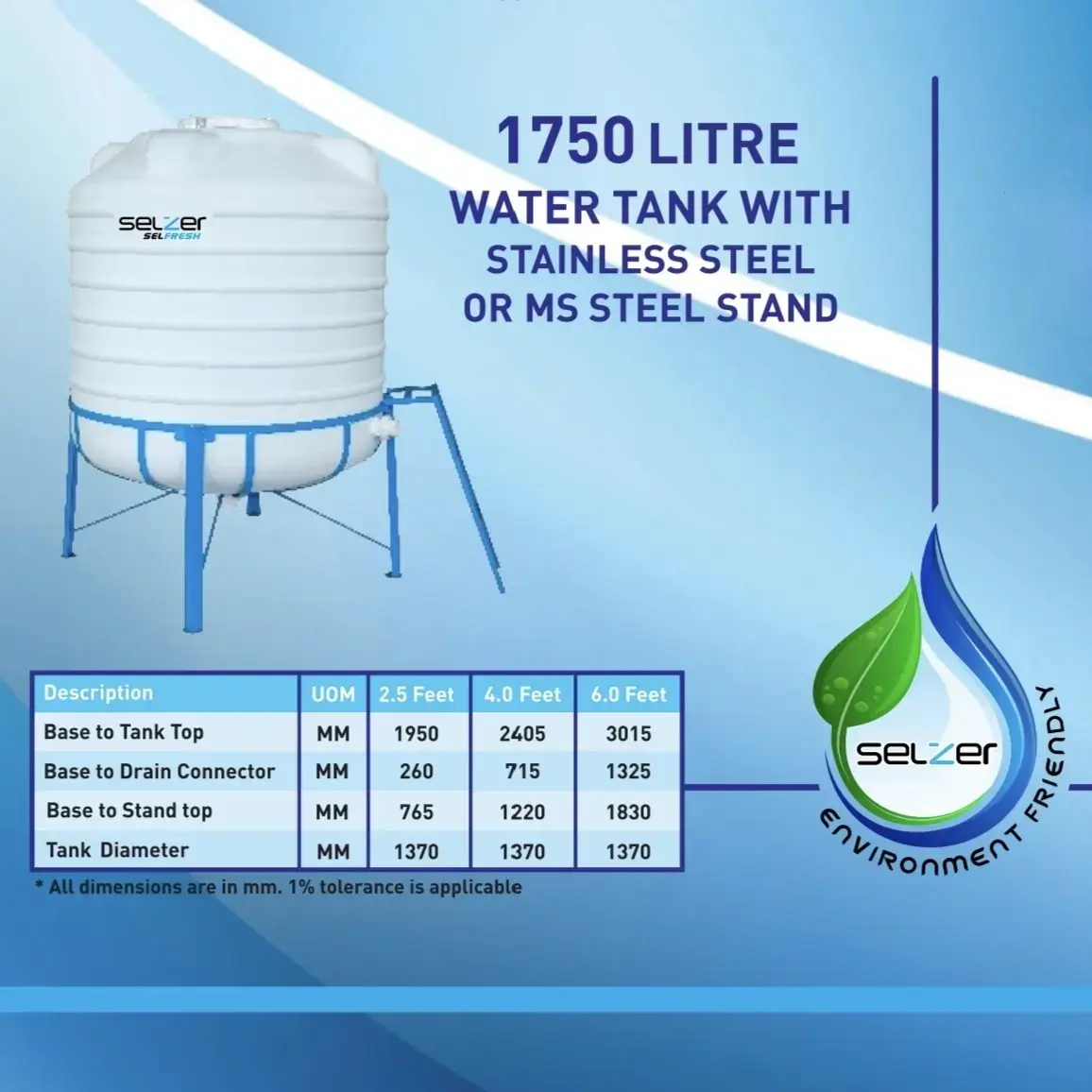Buy Selzer Selfresh Auto Clean Tank 1750 Ltr with 6 Feet SS Stand