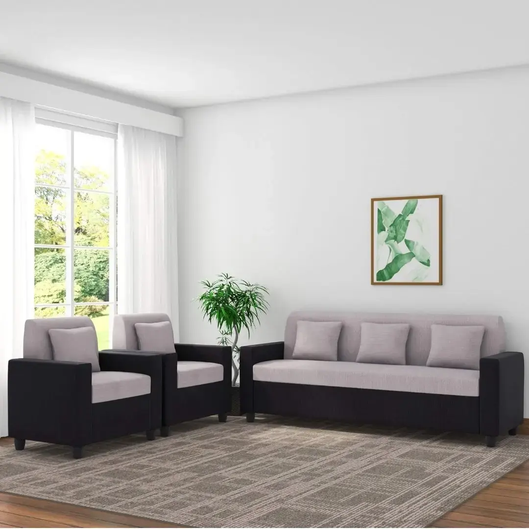 Fabric 5 Seater 3+1+1 Sofa Set (Black and Grey Color) With Pillows - 1