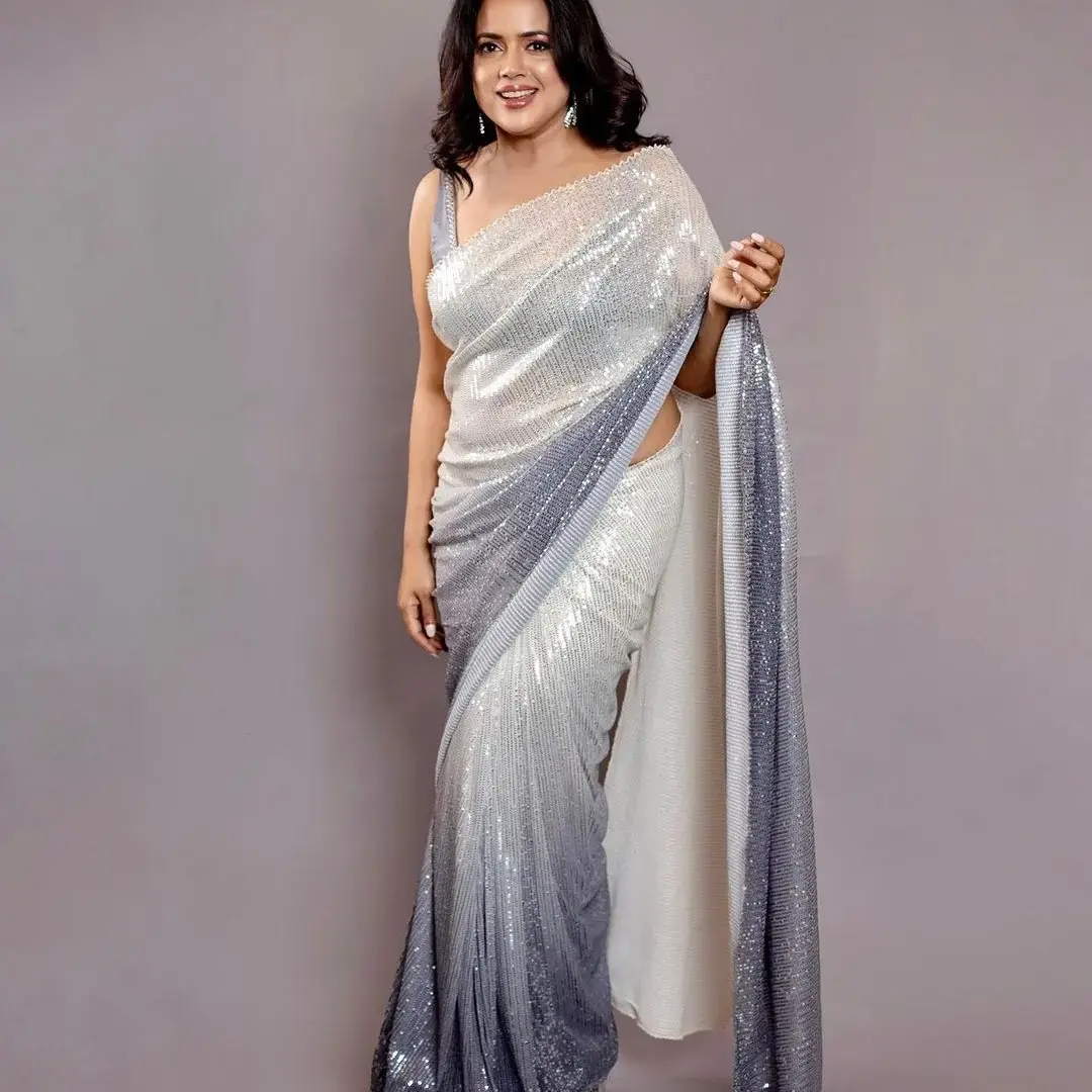 White Black Bollywood Style Party Wear Sequence Work Saree