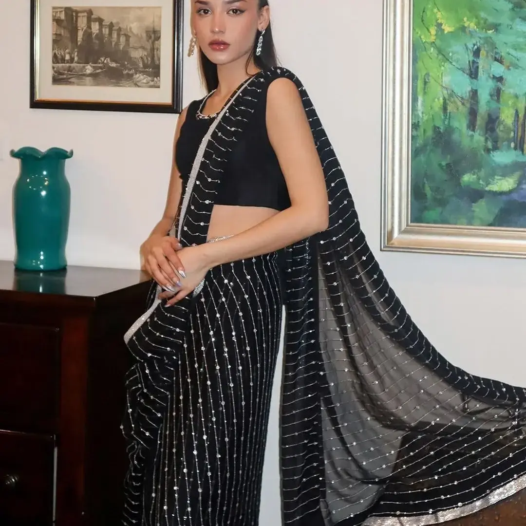 Black Sequence Work Saree Haevy Georgette Party Wear Saree