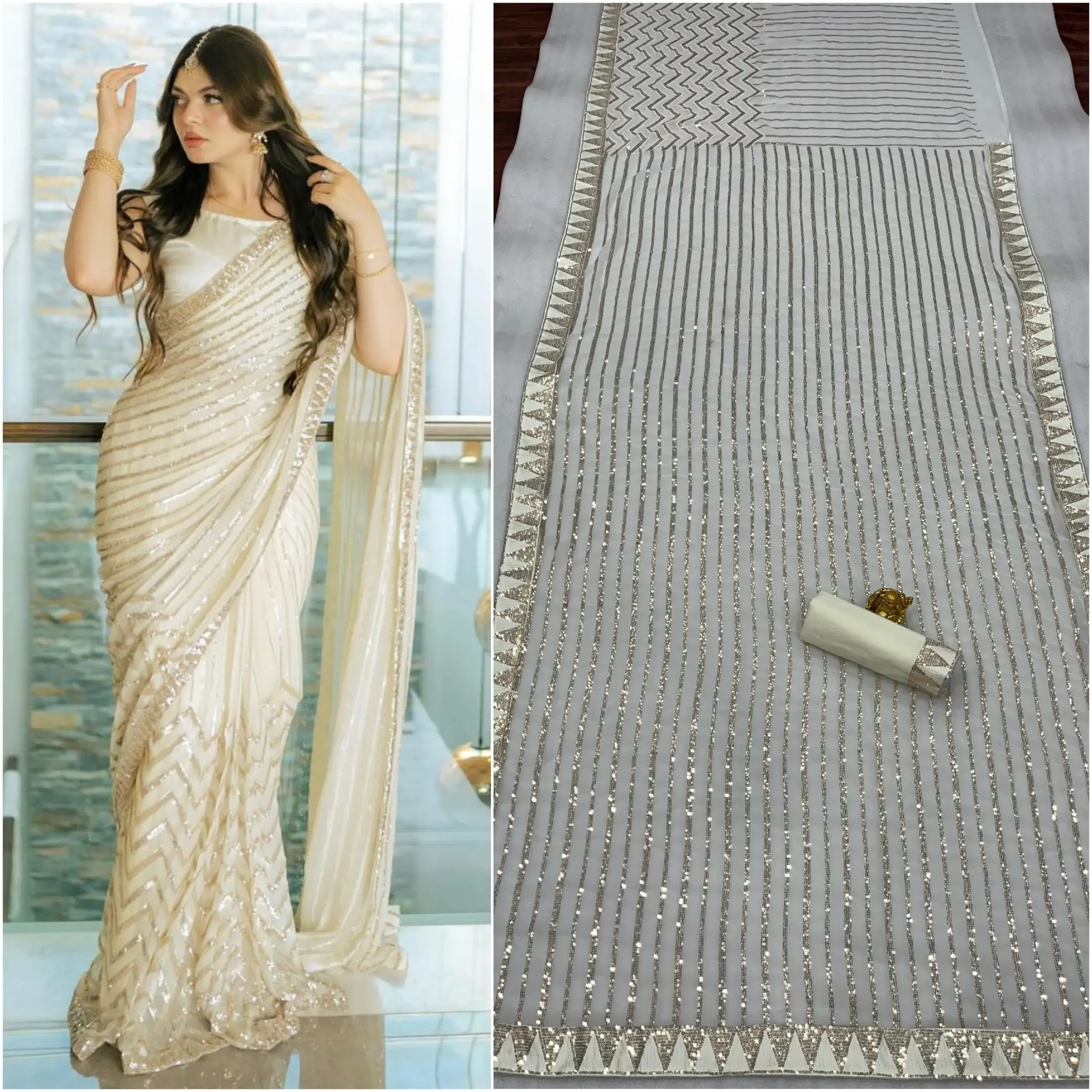 White Superhit Bollywood BlockBuster Designer Saree - cream