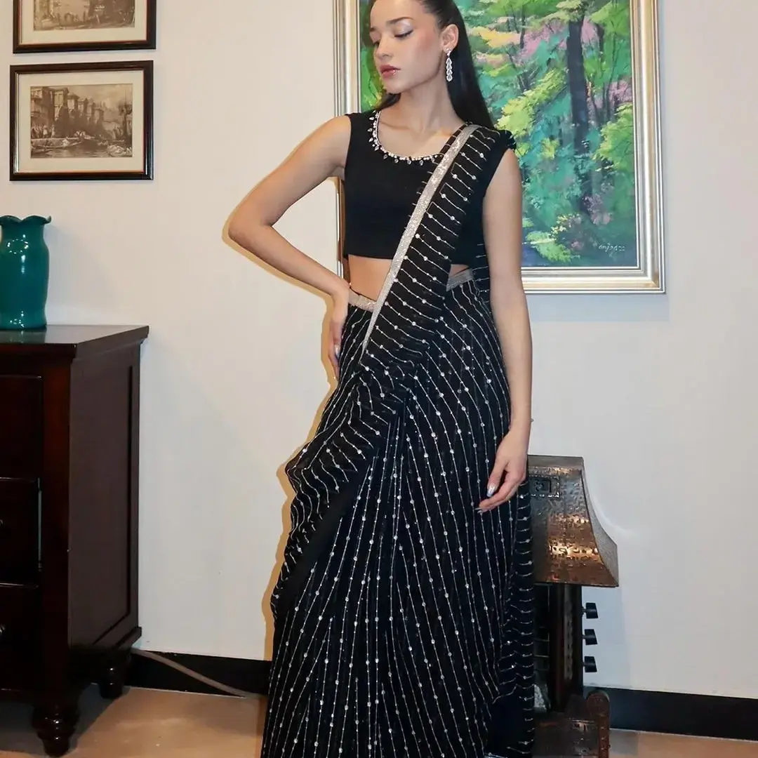 Black Sequence Work Saree Haevy Georgette Party Wear Saree