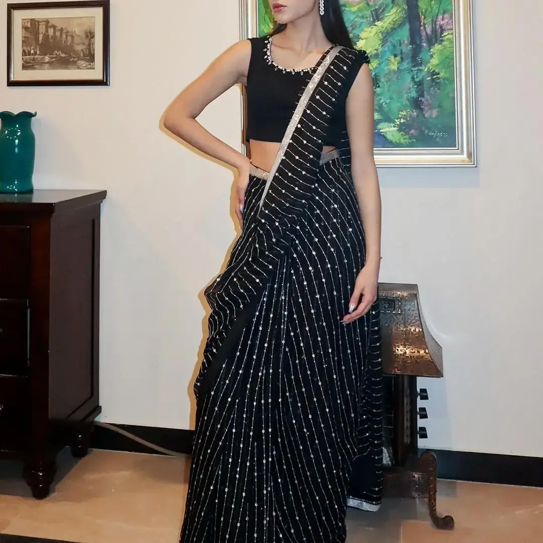 Black Sequence Work Saree Haevy Georgette Party Wear Saree