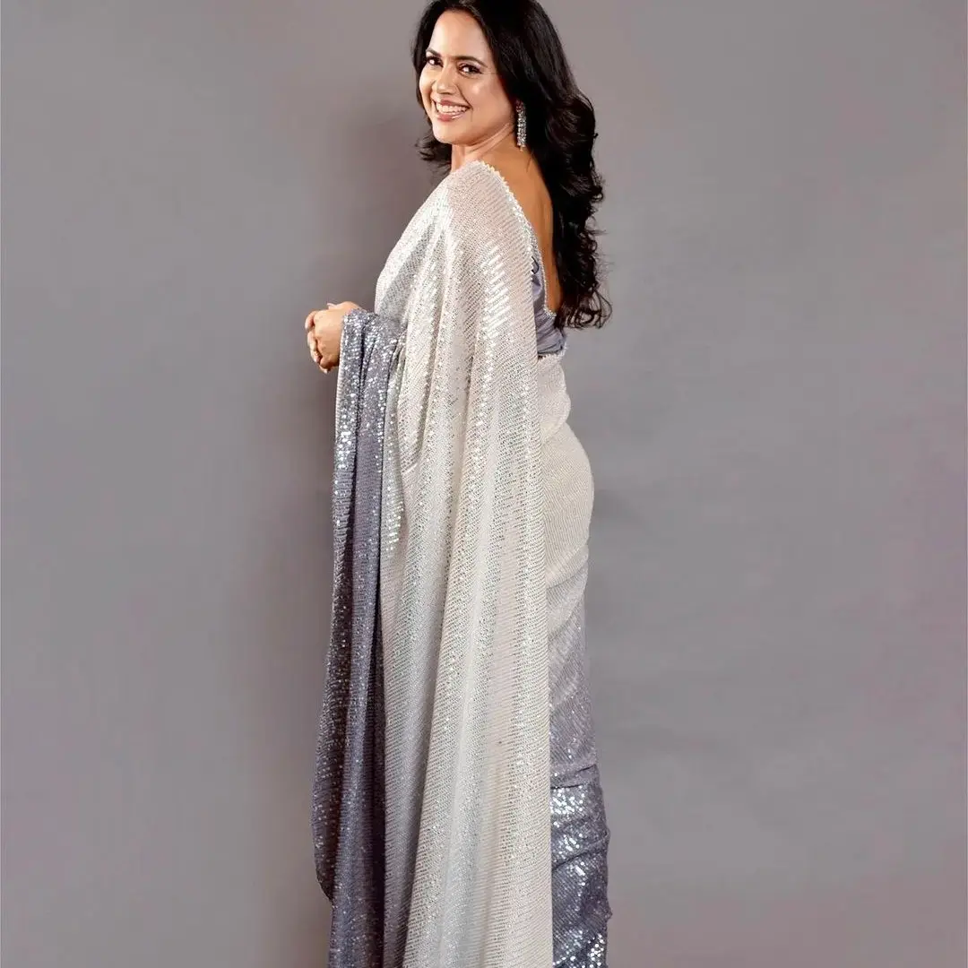 White Black Bollywood Style Party Wear Sequence Work Saree