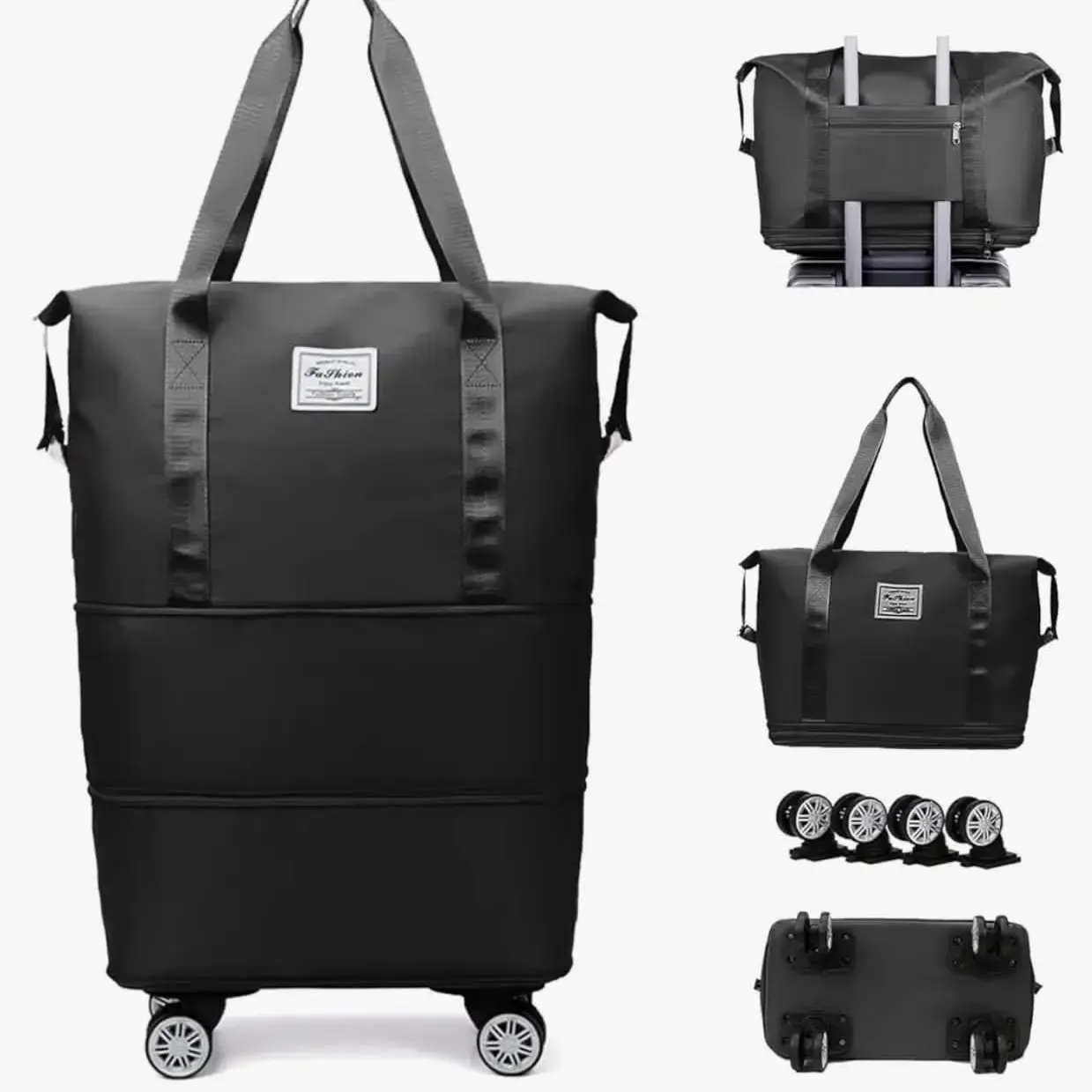 New Double Fold Travel Bag With Wheel For Men's And Women's - Black