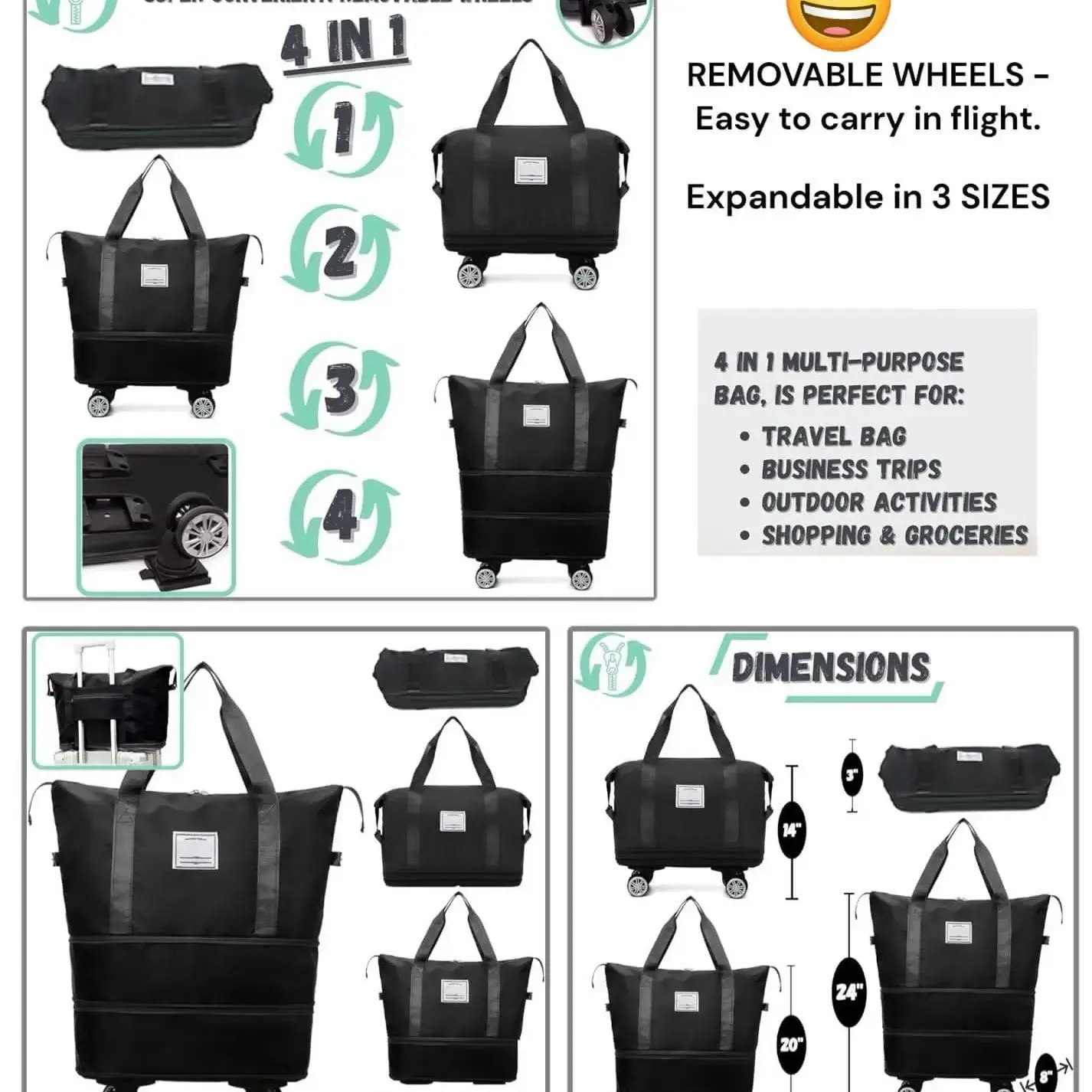 New Double Fold Travel Bag With Wheel For Men's And Women's - Black