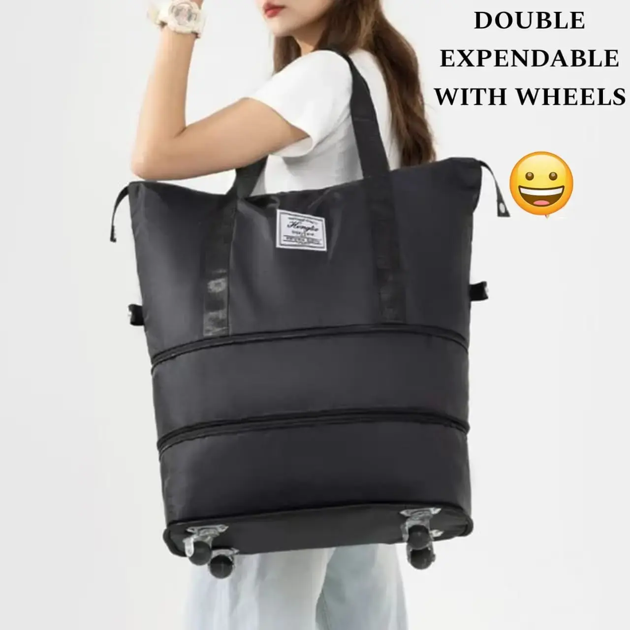 New Double Fold Travel Bag With Wheel For Men's And Women's - Black
