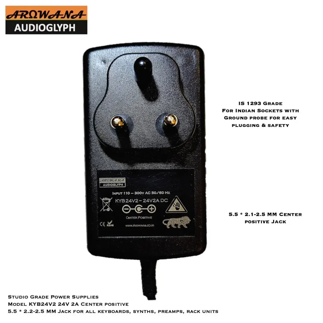 Arowana AudioGlyph KYB24V2 24V 2A Center Positive Keyboard & Digital Piano Power Supply - galvanic isolation