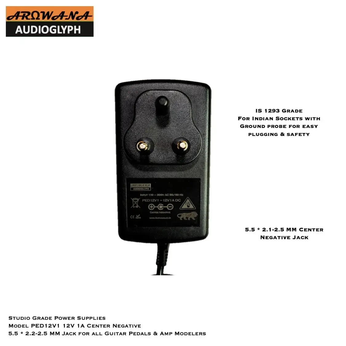 Arowana AudioGlyph PED12V1 12V 1A Center Negative Guitar Processor Power Supply - galvanic isolation