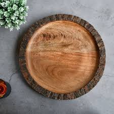 Rustic Mango Wood Round Serving Tray with Natural Bark Edge Wooden  Platter for Dining Home Decor