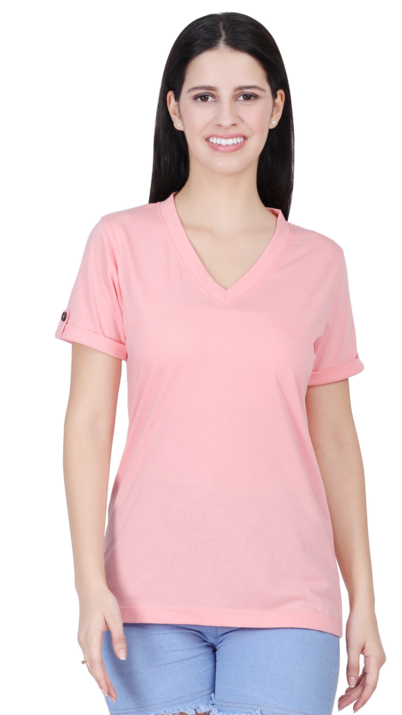 Buy CLOTHINK India Solid Women V Neck T-Shirt (Pink) online at