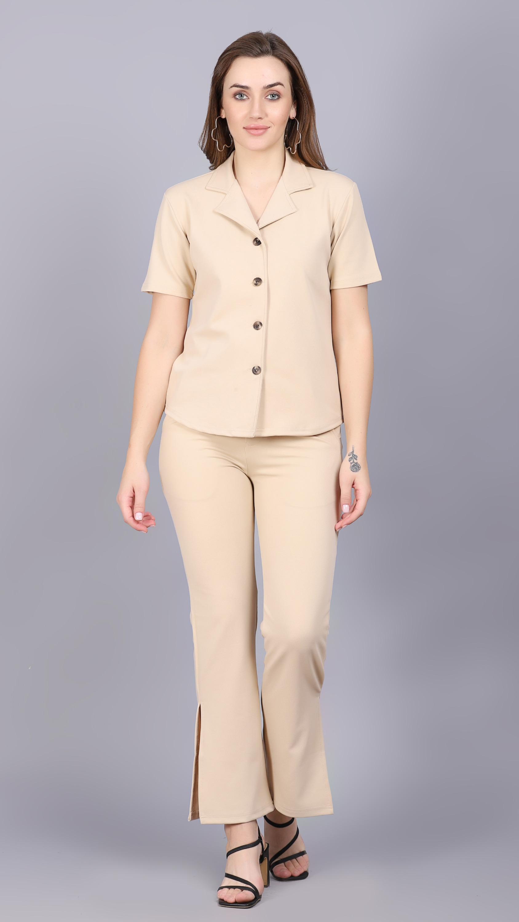 Buy Women Stylish Formal wear Cream Co-ord set (Shirt Pant