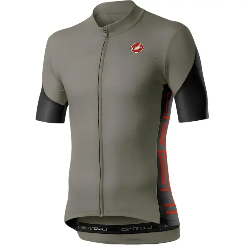 Castelli Entrata V Mens Cycling Jersey Bark Green Light Black Fiery Red