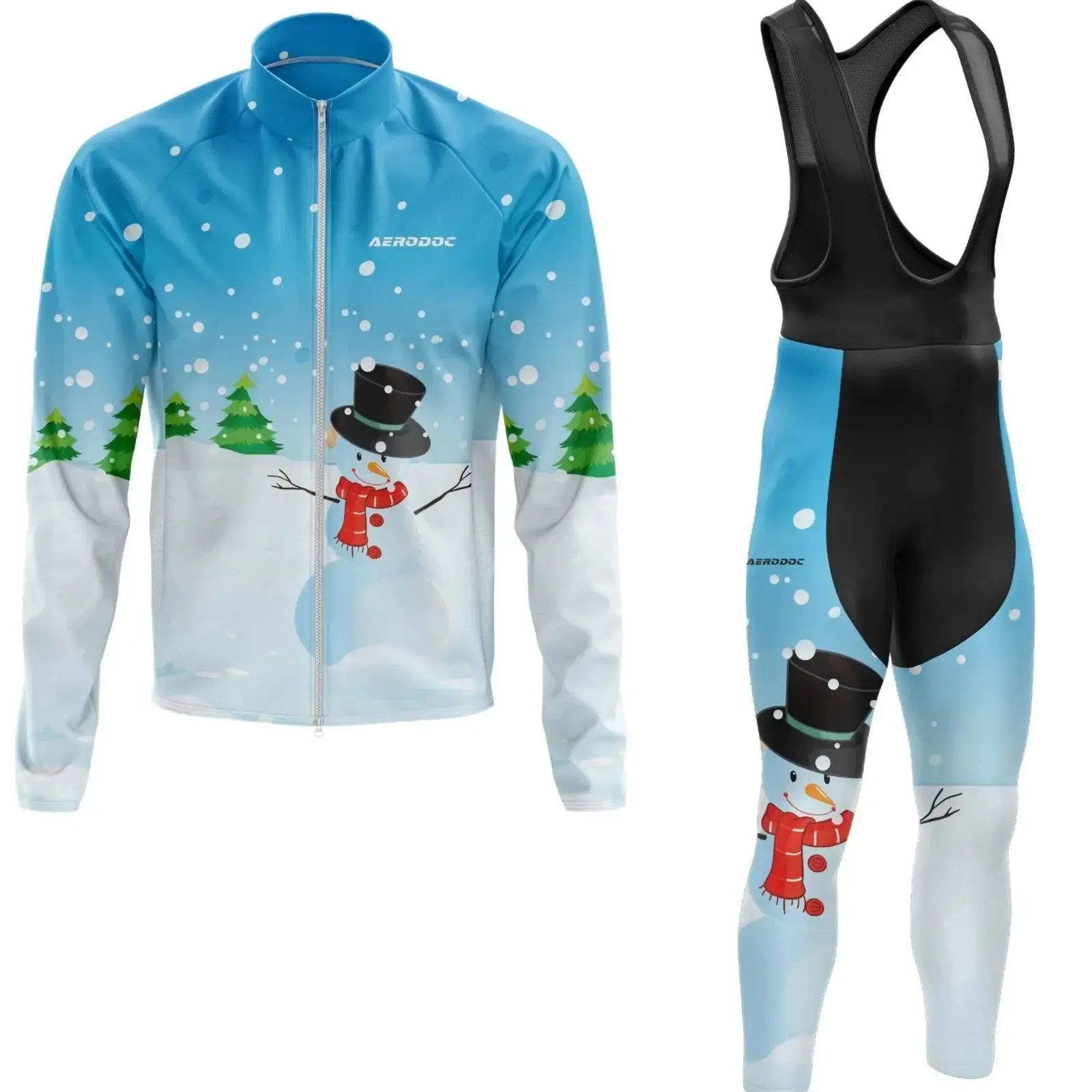 Aerodoc Cold-Weather Cycling Jacket – Snowman Print | Premium Winter Fleece Wool Bike Wear (Jacket + Bib Pants)