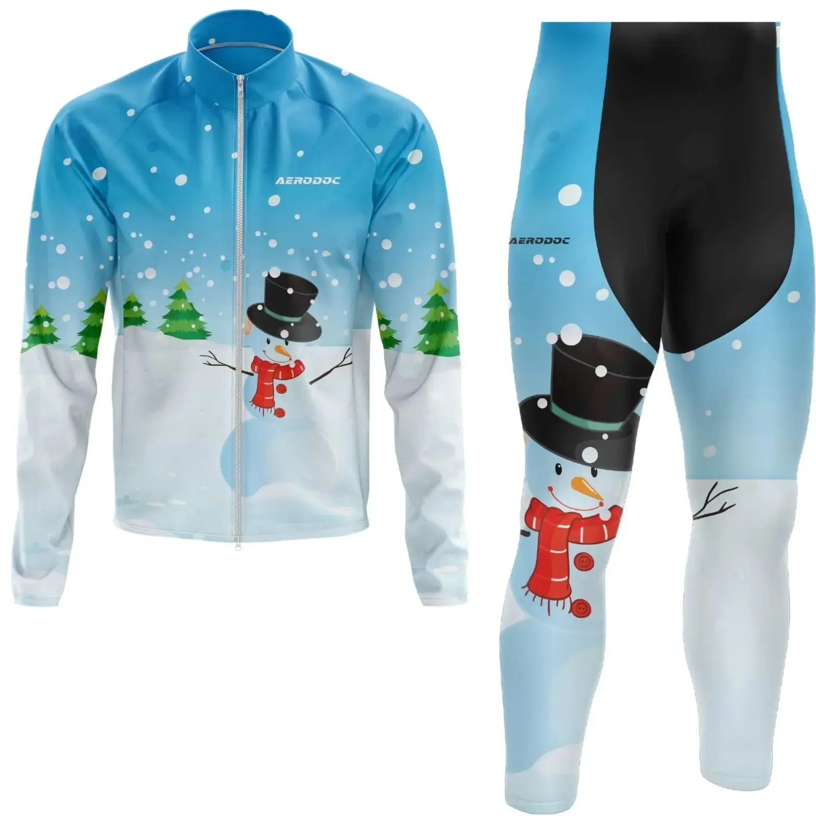 Aerodoc Cold-Weather Cycling Jacket – Snowman Print | Premium Winter Fleece Wool Bike Wear (Jacket + Non Bib Pants)