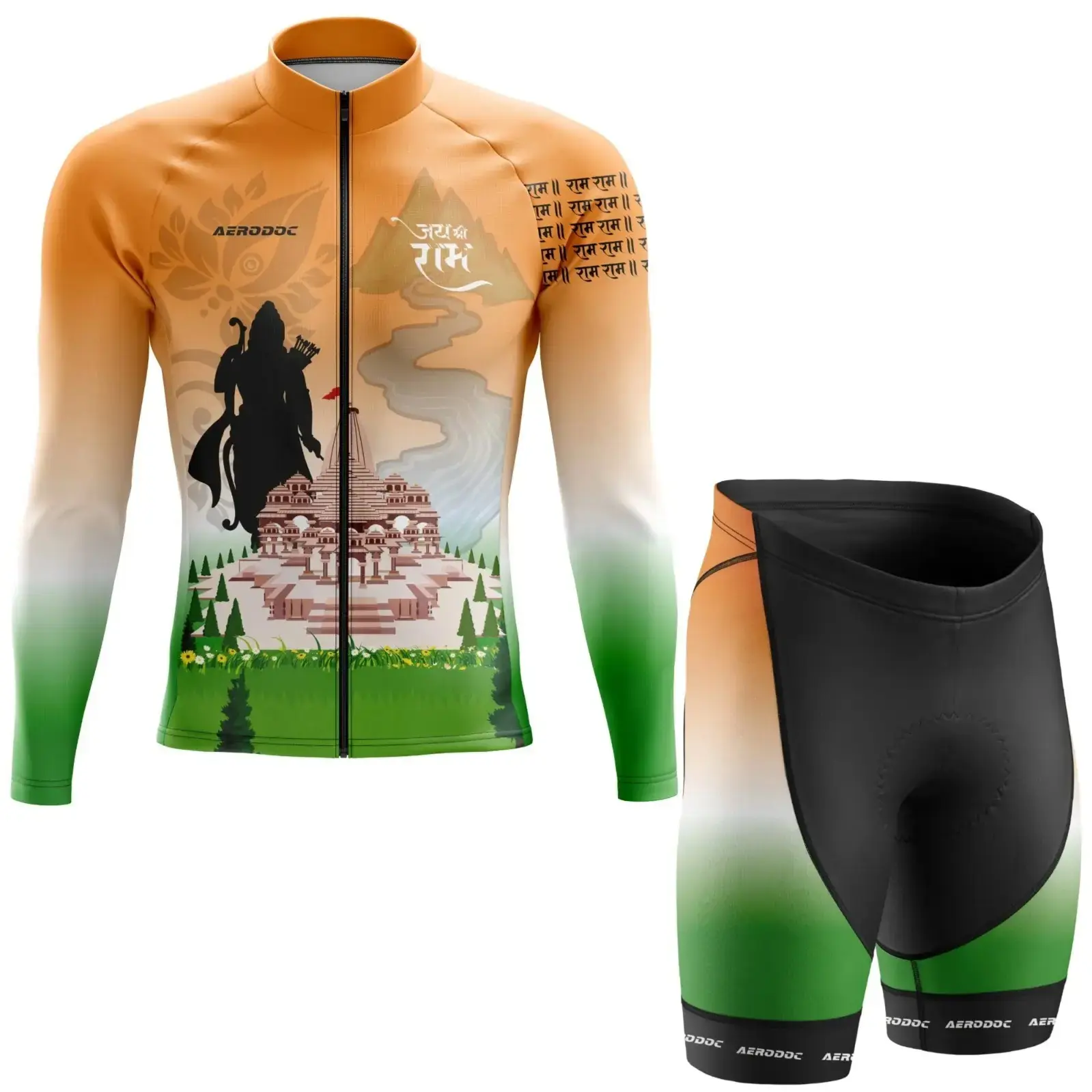 Lord Ram Inspired Cycling Kit – Tricolor Jersey & Gel Padded Bib Shorts (Full Sleeves Jersey with Shorts)