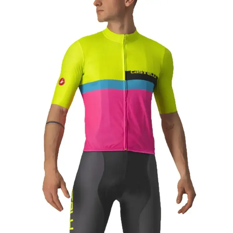 Castelli A Blocco Mens Cycling Jersey Electric Lime Black Blue Magenta Fluo