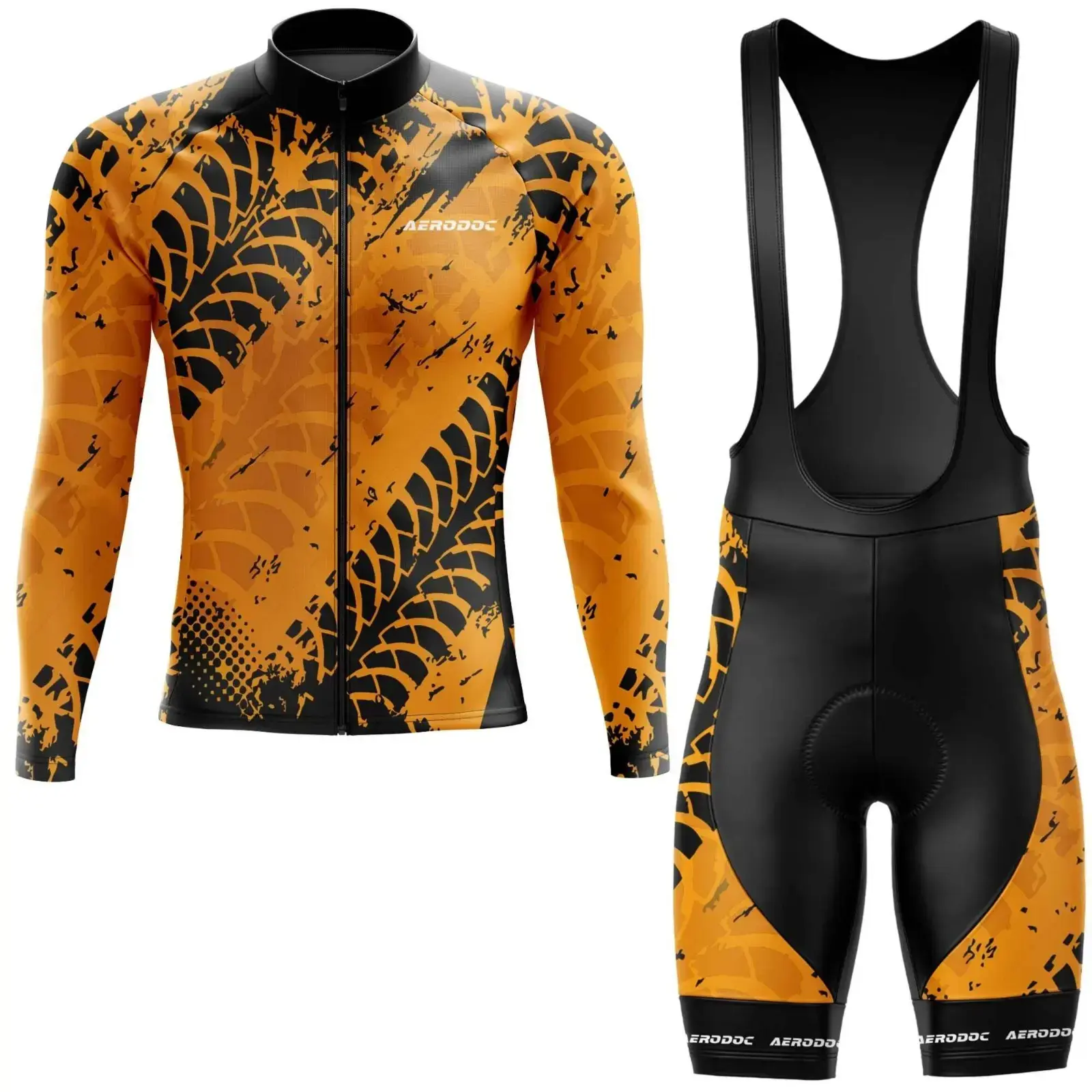 Tire Track Cyclist’s Jersey and Shorts– Performance Fit, Yellow & Black (Full Sleeve + Bib Shorts)