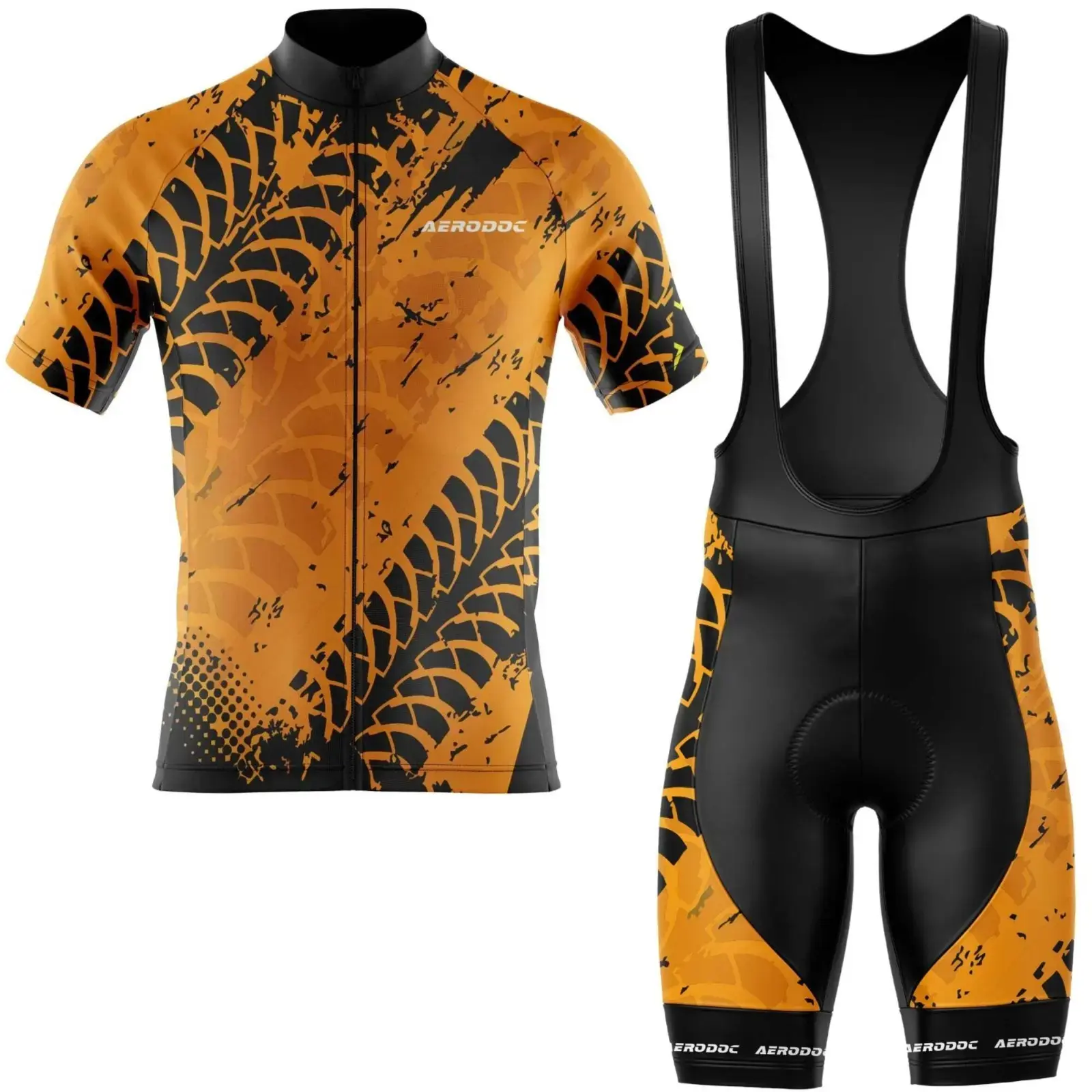 Tire Track Cyclist’s Jersey and Shorts– Performance Fit, Yellow & Black (Half Sleeve + Bib Shorts)